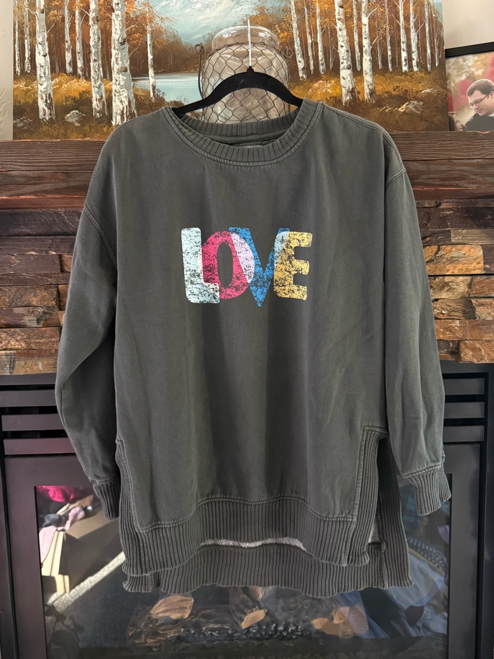 C&C California Charcoal Crewneck Sweater with Multicolor Distressed Logo